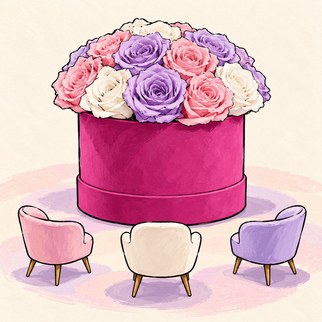Pastel Committee: an illustrated Deliverose composition.